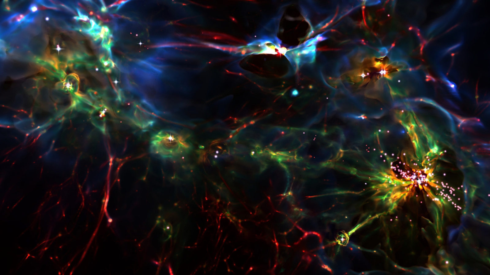 Simulation of early galaxy. (Credit: Ralf Kaehler, based on a simulation by John Wise and Tom Abel.) Simulation of early galaxy. (Credit: Ralf Kaehler, based on a simulation by John Wise and Tom Abel.)