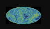 Polarization of the Cosmic Microwave Background. Colors indicate warmer (red) and cooler (blue) spots. The white bars show the polarization direction of the oldest light.  (Credit: WMAP/NASA.)